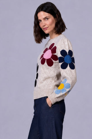 Marled Flower Pleated Crew Neck