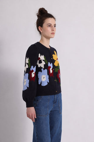 Floral Intarsia Crew Neck Cardigan
