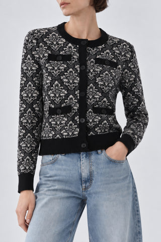 Damask Jacquard Long Sleeve Crew Cardigan