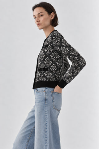 Damask Jacquard Long Sleeve Crew Cardigan
