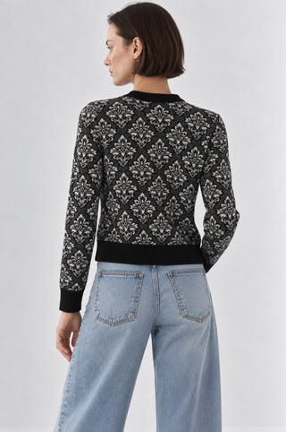 Damask Jacquard Long Sleeve Crew Cardigan