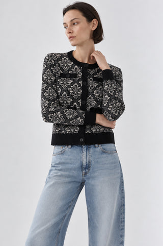 Damask Jacquard Long Sleeve Crew Cardigan
