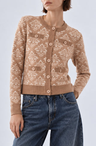 Damask Jacquard Long Sleeve Crew Cardigan