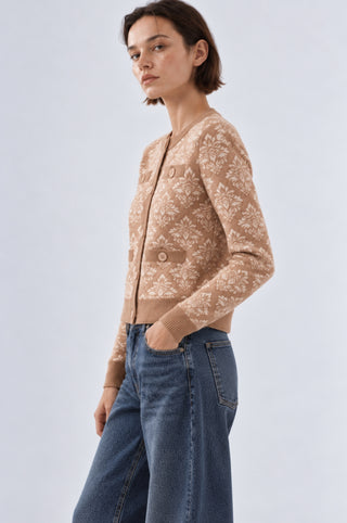 Damask Jacquard Long Sleeve Crew Cardigan