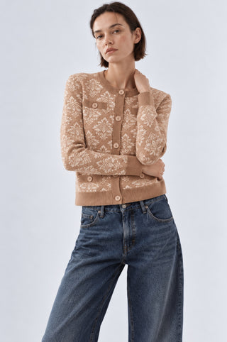 Damask Jacquard Long Sleeve Crew Cardigan