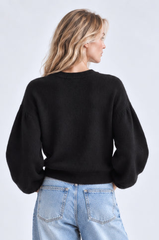 Balloon Crew Neck Cardigan with Floral Embroidery