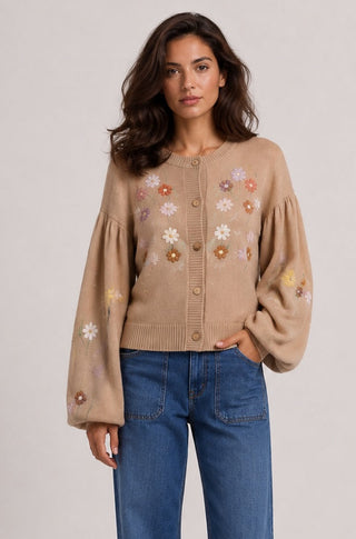 Balloon Crew Neck Cardigan with Floral Embroidery