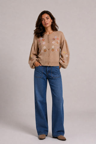 Balloon Crew Neck Cardigan with Floral Embroidery