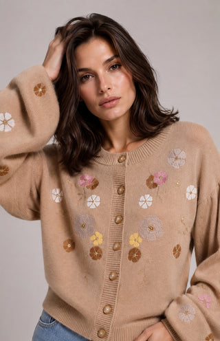 Balloon Crew Neck Cardigan with Floral Embroidery