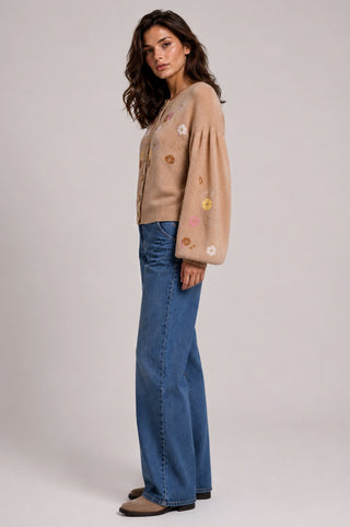 Balloon Crew Neck Cardigan with Floral Embroidery