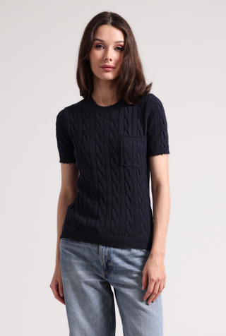 Cotton Frayed Cable Short Sleeve Tee with Pocket