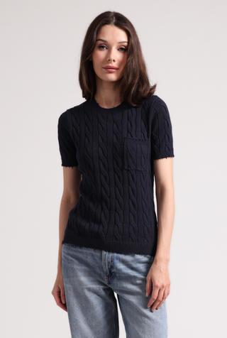 Cotton Frayed Cable V Neck Tee with Pocket