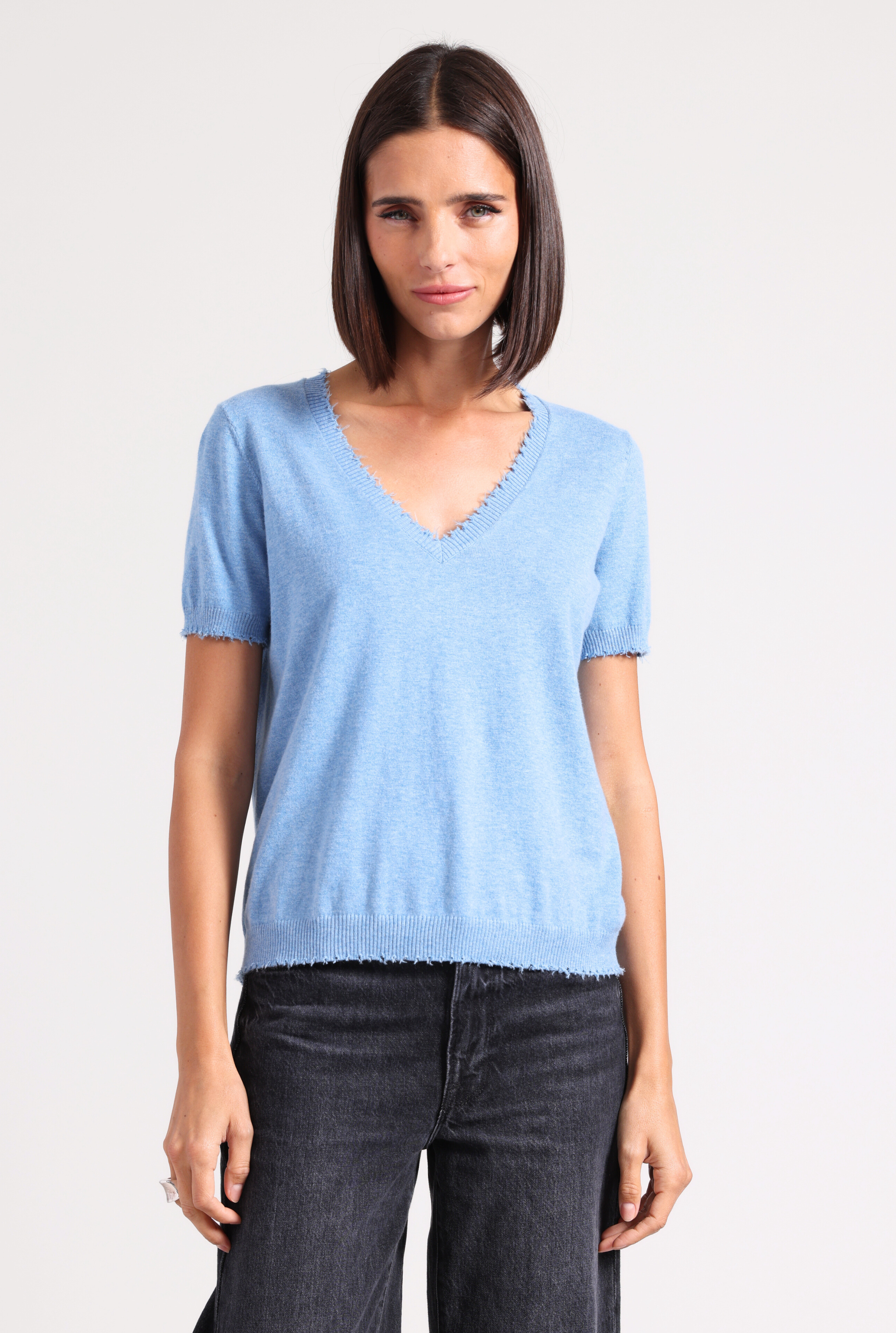 Cotton Cashmere Frayed V Tee