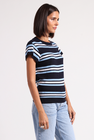 Supima Cotton Cashmere Multi Stripe Cap Sleeve Crew