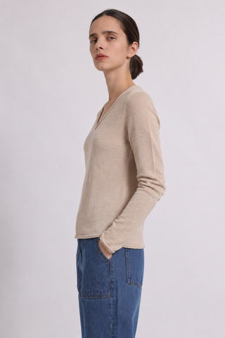 Sheer Luxury Cashmere Long Sleeve V Neck with Rolled Trims