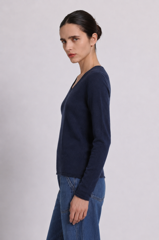 Sheer Luxury Cashmere Long Sleeve V Neck with Rolled Trims