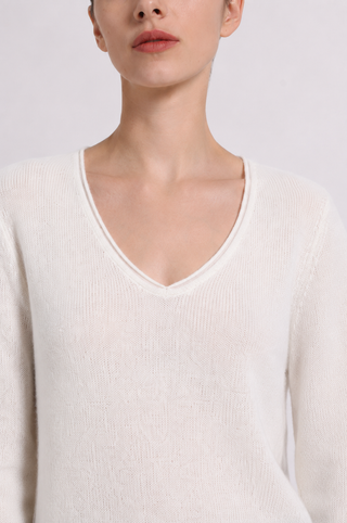 Sheer Luxury Cashmere Long Sleeve V Neck with Rolled Trims