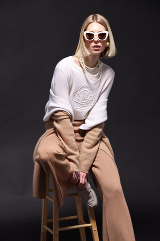 Cashmere Embossed Rose Logo Crew Neck