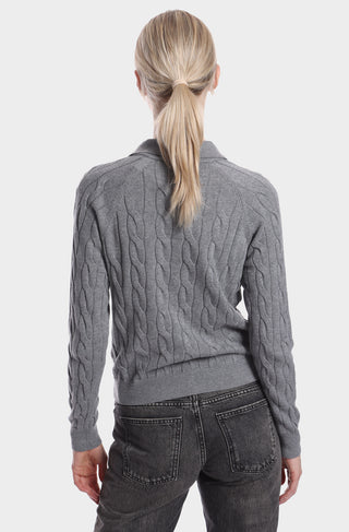 Cotton V Neck Cable Pullover with Collar