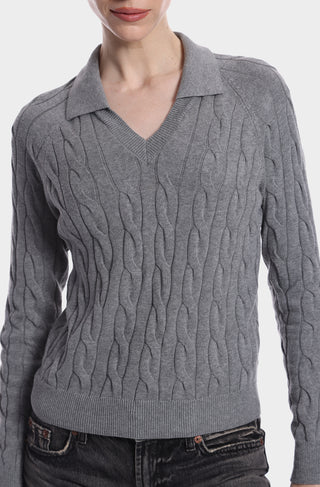 Cotton V Neck Cable Pullover with Collar