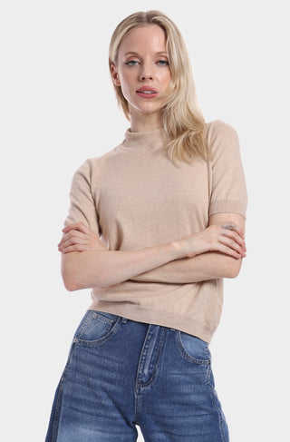 Cotton Cashmere Short Sleeve Mock Neck Top