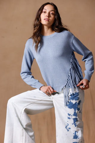 Cotton Cashmere Fringe Trim Crew Neck