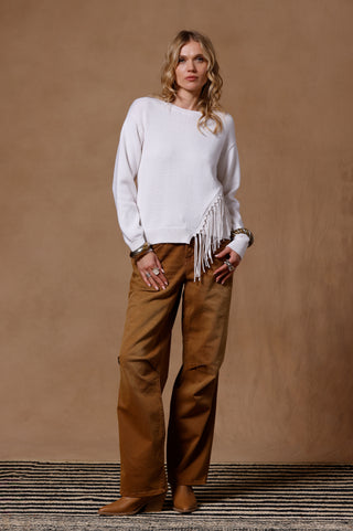 Cotton Cashmere Fringe Trim Crew Neck