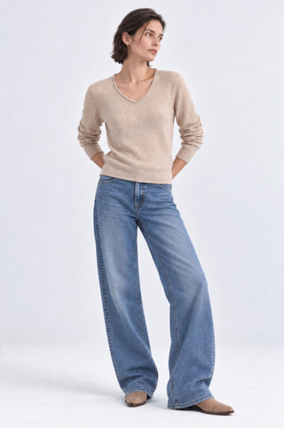 Sheer Luxury Cashmere Long Sleeve V Neck with Rolled Trims