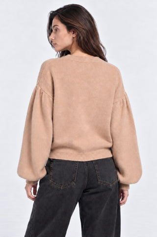 Balloon Crew Neck Cardigan with Floral Embroidery