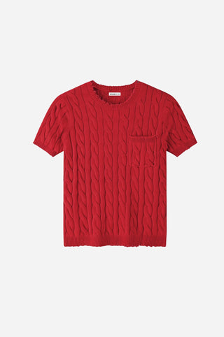 Cotton Frayed Cable Short Sleeve Tee with Pocket