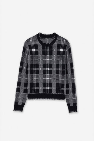 Wool Cashmere Plaid Crew with Blanket Stitch
