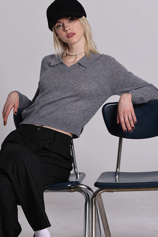 Cashmere V-Neck Pullover with Collar- Grey Shadow