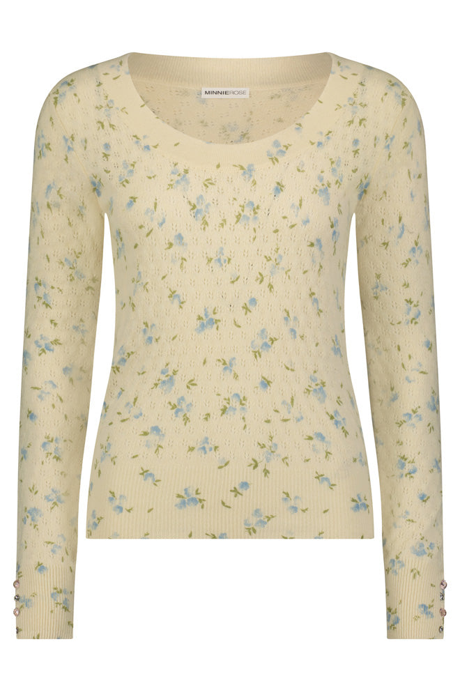 Cashmere Floral Print Pointelle Pullover Minnie Rose
