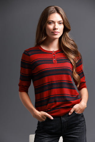 Supima Cotton Cashmere Striped 3/4 Sleeve Crew Neck Henley