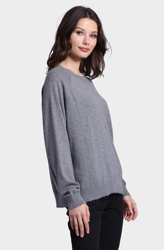 Cotton Cashmere Relaxed Frayed Edge Crew with Studs