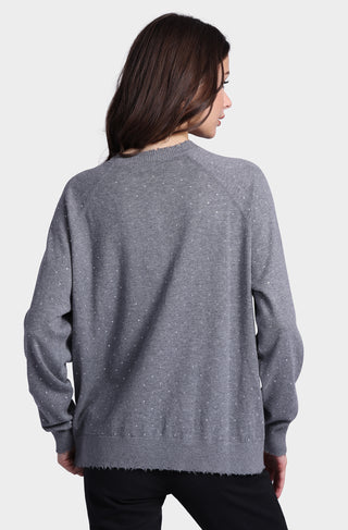 Cotton Cashmere Relaxed Frayed Edge Crew with Studs