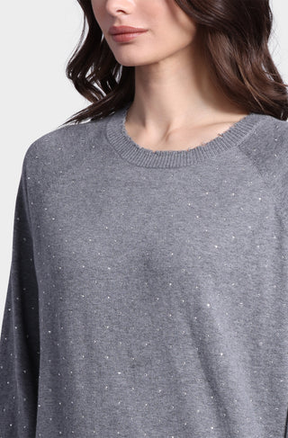 Cotton Cashmere Relaxed Frayed Edge Crew with Studs