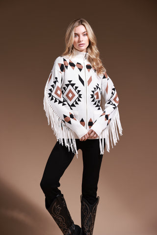 Cotton Aztec Zip-Up Fringed Jacket