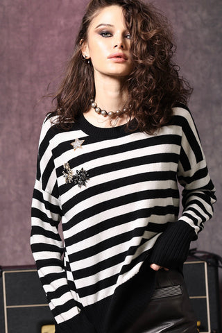 Cashmere Striped Pullover with Applique Detail- Black/White