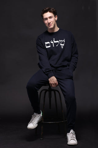 Mens Cotton Cashmere "Shalom" Embroidered Crew Sweater - Sizes S, M, XL PREORDER for shipment approx. 6/28