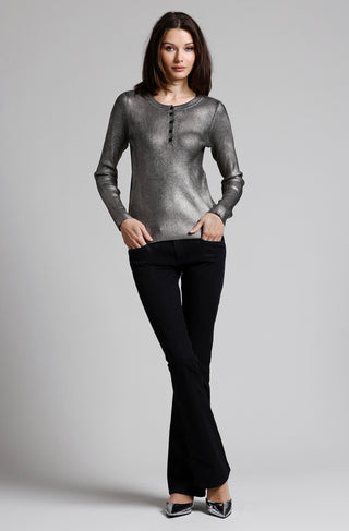 Viscose Metallic Print Ribbed Crew Neck Henley