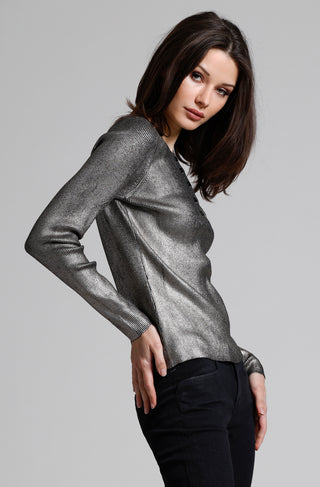 Viscose Metallic Print Ribbed Crew Neck Henley