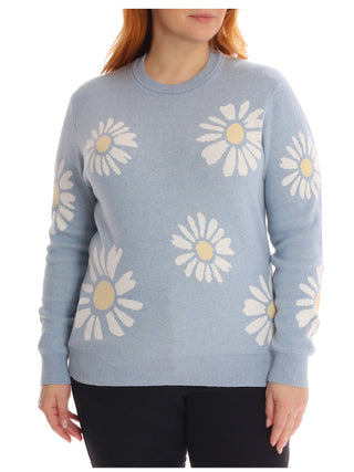 Plus Size Cotton Cashmere All Over Daisy Crewneck Sweater - cornflower blue