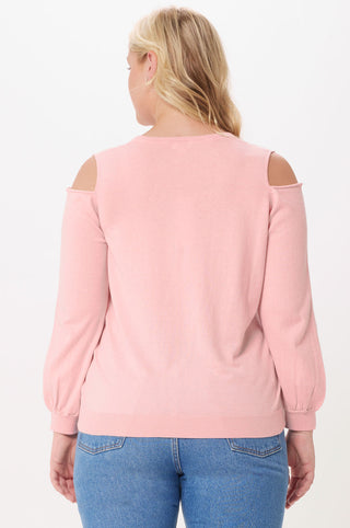 Plus Size Cotton Cashmere Cold Shoulder V-neck Sweater - Rose Pink