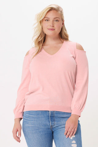 Plus Size Cotton Cashmere Cold Shoulder V-neck Sweater - rose pink
