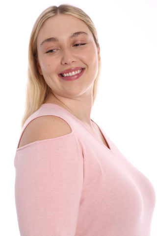 Plus Size Cotton Cashmere Cold Shoulder V Neck Sweater