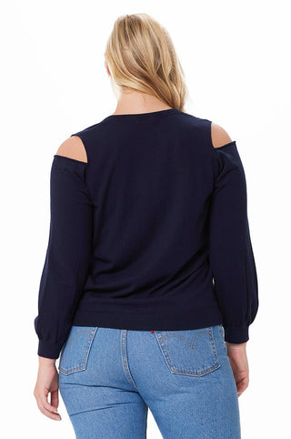 Plus Size Cotton Cashmere Cold Shoulder V-neck Sweater - Navy