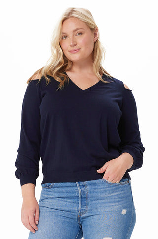 Plus Size Cotton Cashmere Cold Shoulder V-neck Sweater - Navy