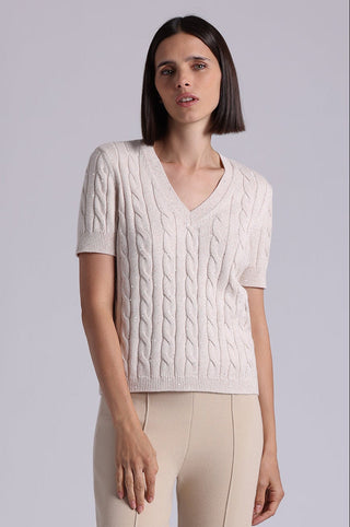 Sparkle Cotton Blend Cable Short Sleeve V