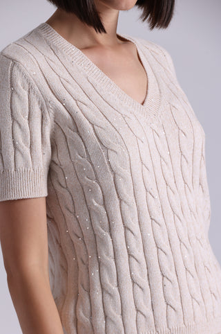 Sparkle Cotton Blend Cable Short Sleeve V